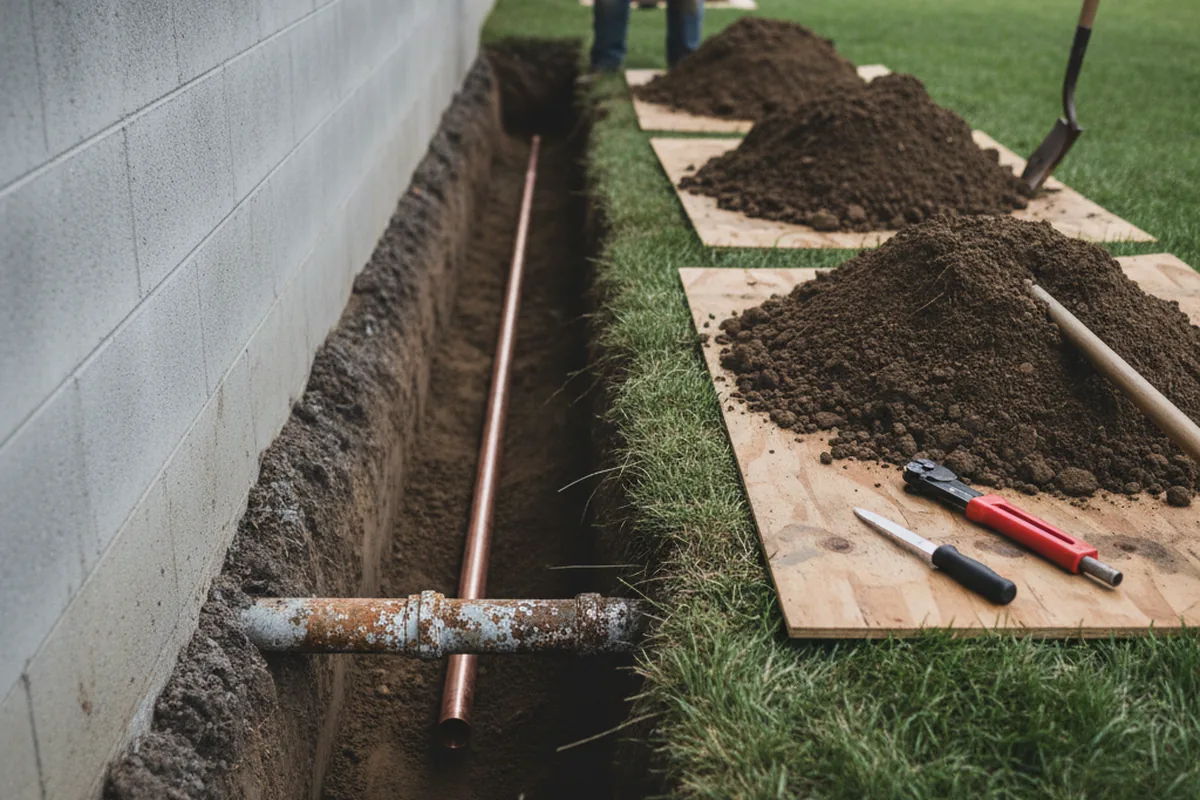 Excavated water line trench during Water Softener Installation in Fishing Creek
